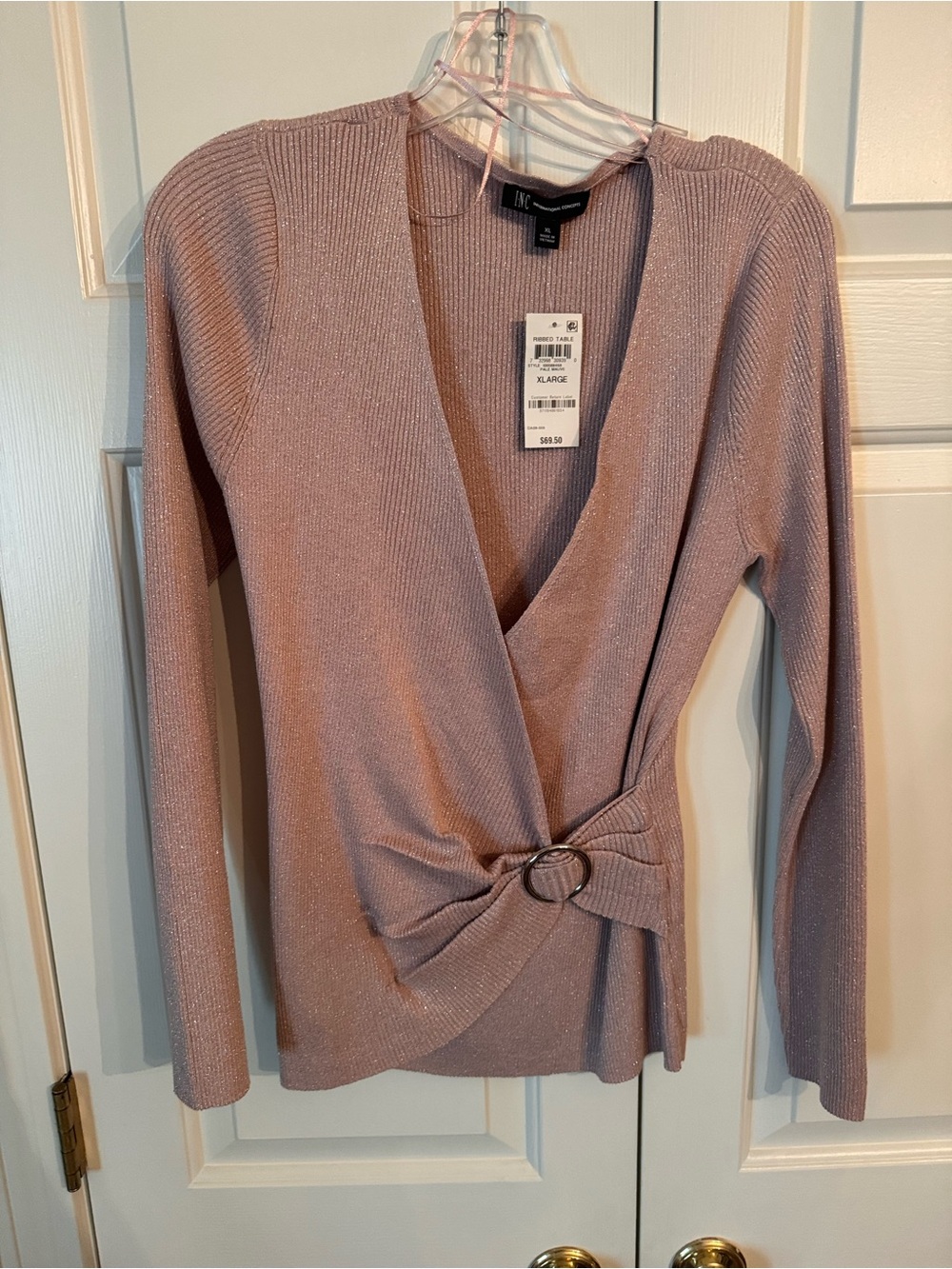INC International Concepts Pale Mauve Metallic Ribbed Wrap Sweater XL NWT